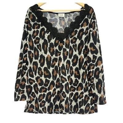Bibi Boutique Leopard Print Pullover Top Womens Size L Scalloped Lace Neckline