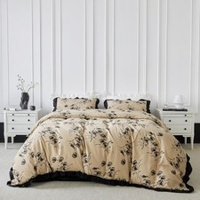 Khaki Flower Duvet Cover Queen 100 Cotton 3 Pcs Set 1 Black Floral Ruffle Du...