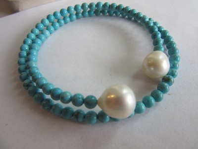 Turquoise and freshwater pearl memory wire wrap bracelet