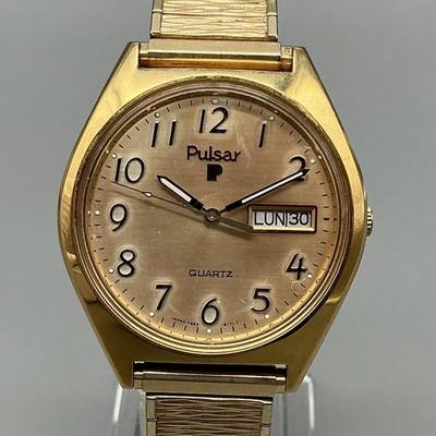 Vintage Pulsar Mens Watch 36mm Gold Tone Day Date Y563-8059
