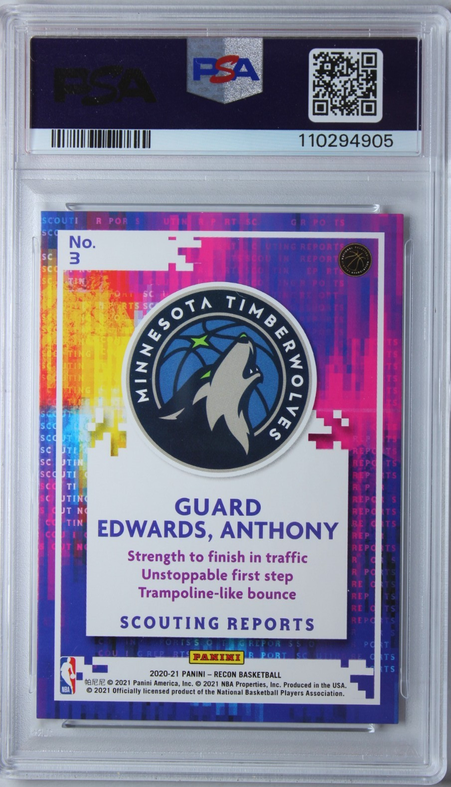 2020 Panini Recon Anthony Edwards Scouting Reports ROOKIE Card #3 RC PSA 9 Mint view 2