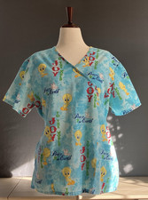 Looney Tunes Womens Large Tweety Bird Christmas Scrub Top w/Waist Tie  Pockets