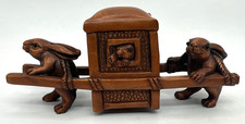 Japanese Boxwood Netsuke Rabbit Carrying Palanquin Carved Signed