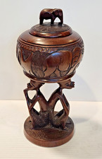 African Carved Big 5 Ebony Wooden Bowl Rhinoceros Elephant Figures Lid