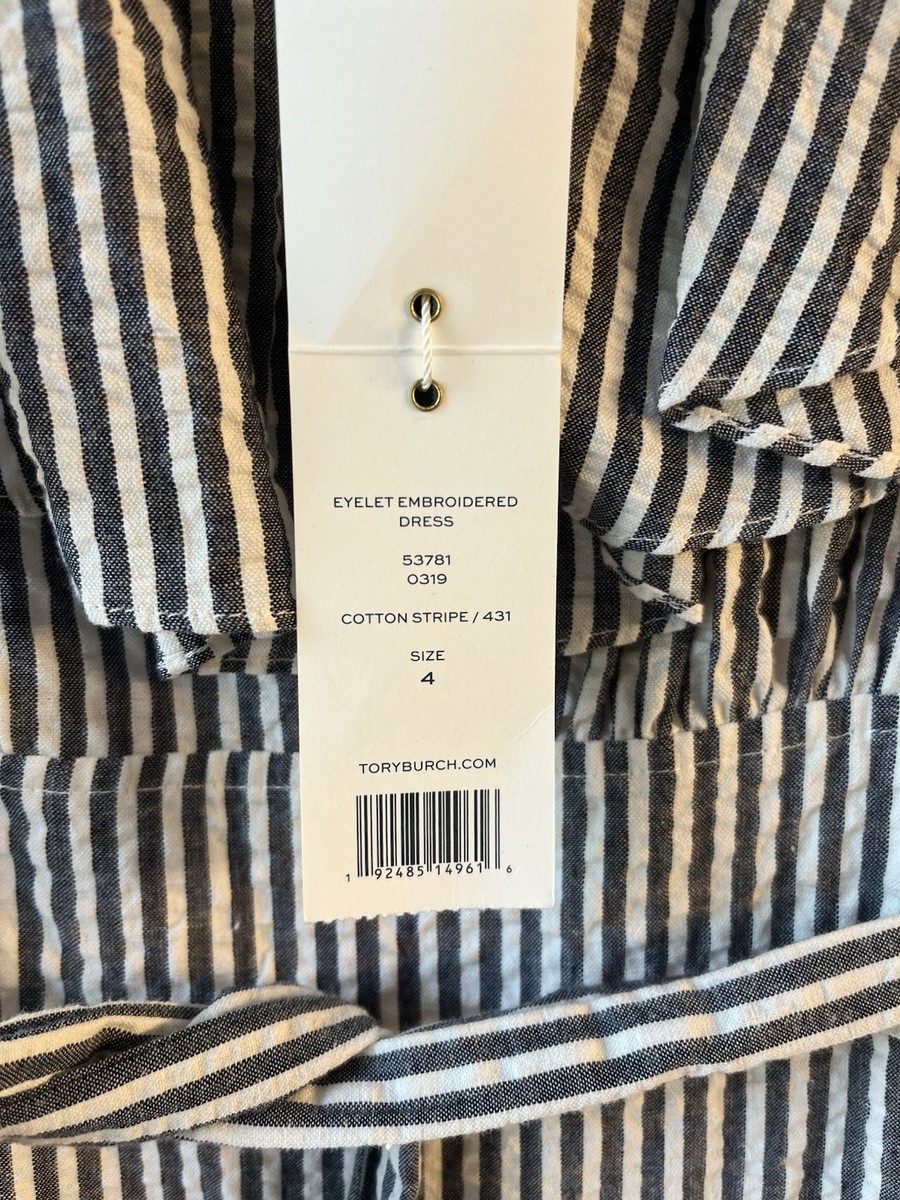 NWT Tory Burch Stripe Eyelet Embroidered Dress Ruffle Off
