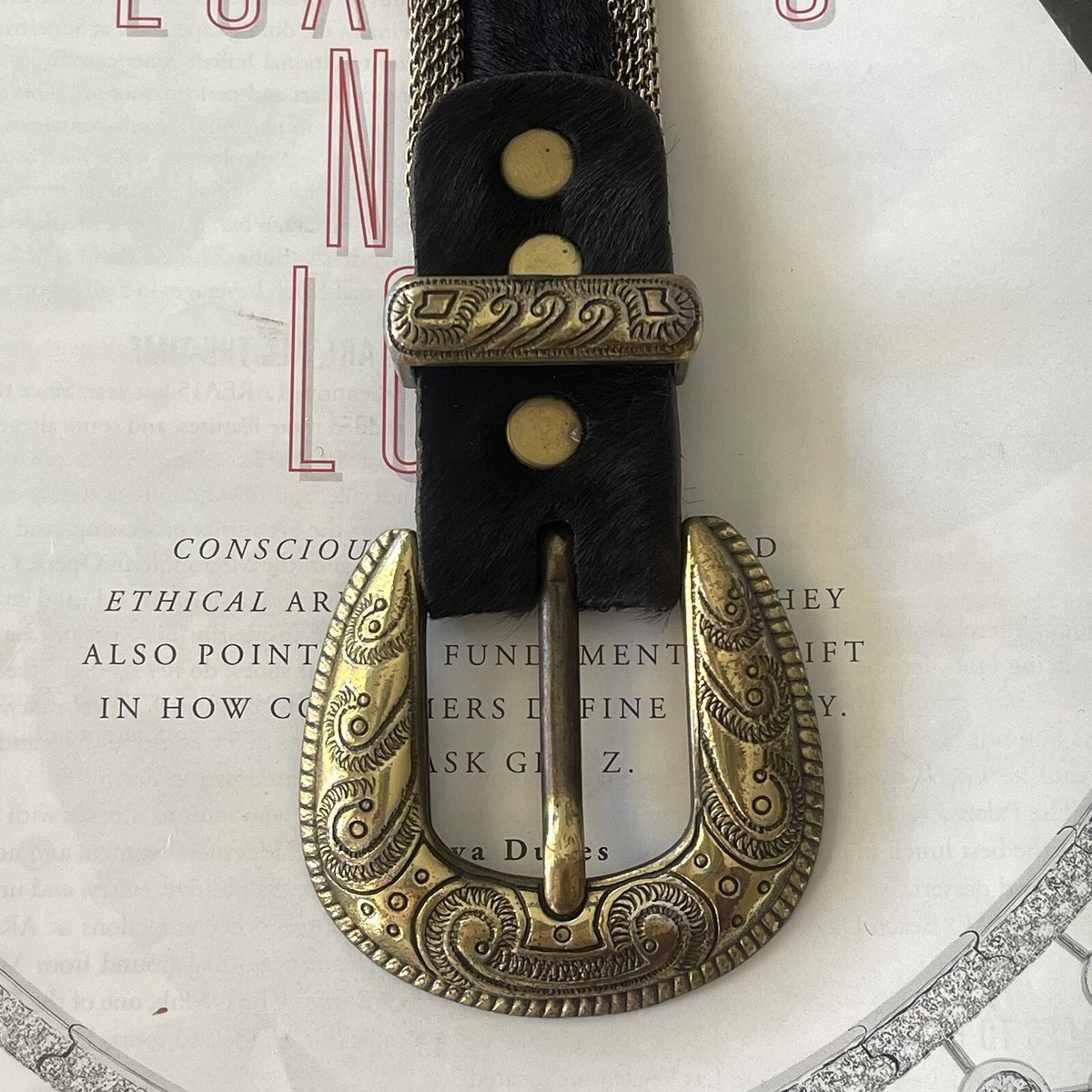 USMECO Paris Western Studded Leather and Metal Mesh Belt Gold‎ Tone Buckle Black Cheval Design Studio Studded Gold Mesh Belt With Rolled  main image 3