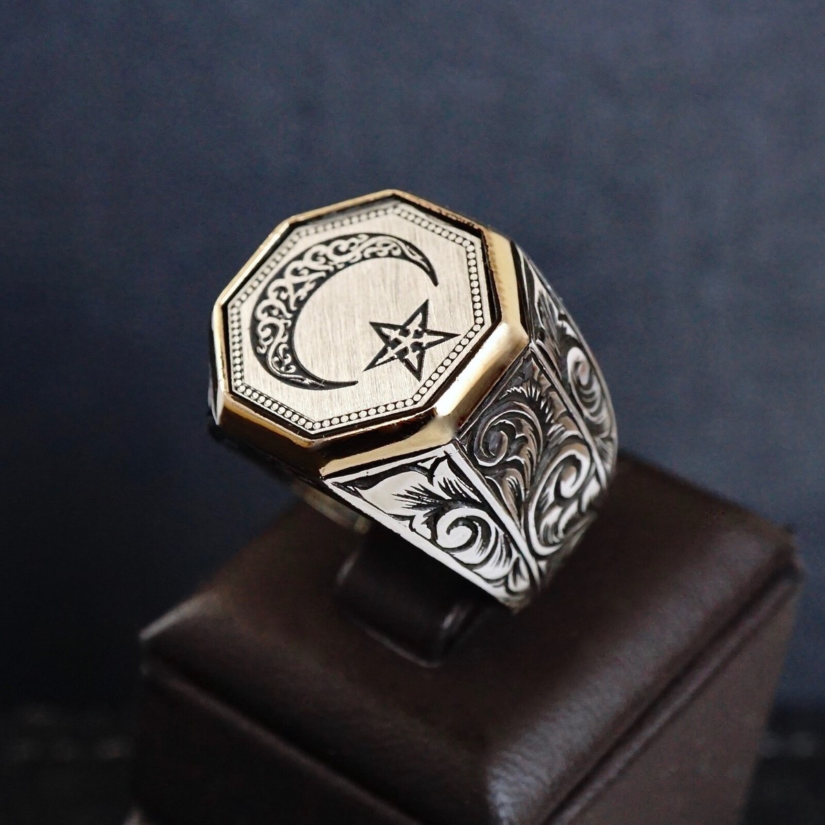 Sterling Silver Crescent Star Solid Engraved Turkish Men's Ring