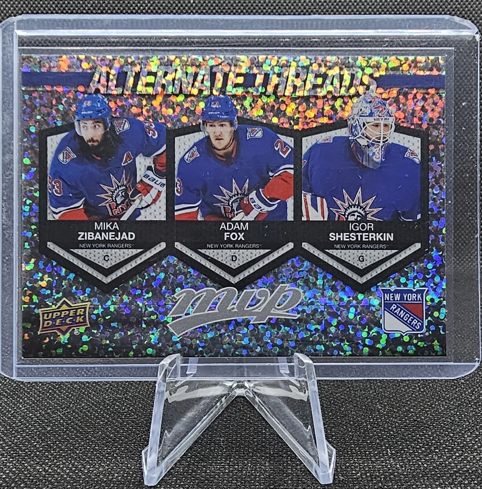 2023-24 Upper Deck MVP Alternate Threads Mika Zibanejad Adam Fox Igor Shesterkin