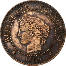[#1282980] Frankrijk, 2 Centimes, Cérès, 1889, Paris, Bronzen, ZF, Gadoury:105, 