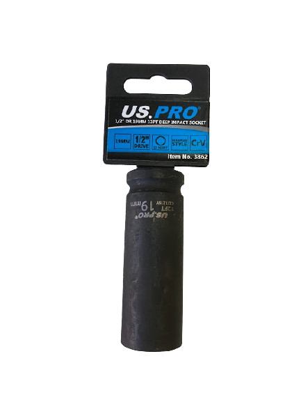 US PRO 1/2"" Drive 19mm 12PT Deep Impact Socket CR-V Black Phosphate 78mm