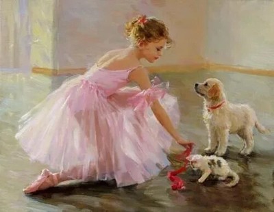 LMOP1365L Handmade Painted Ballet Girl With Cat Dog Oil Painting Art On Canvas