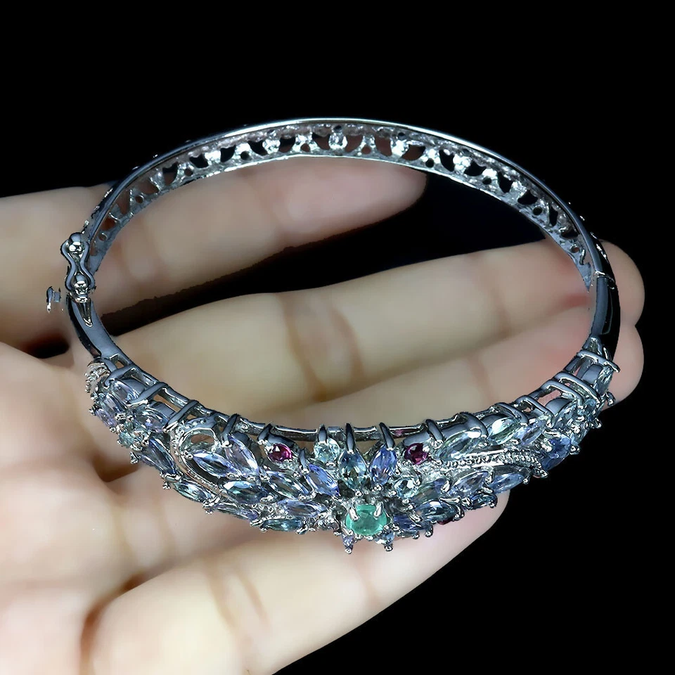 Echter Tansanit Aquamarin Smaragd Rhodolith 925 Silber Armreifen Geschenk Frau - Bild 4 von 4