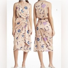 NWT Bonheur d'Amour Floral Wrap Dress Beige Tan Spring Sz L