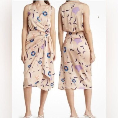 NWT Bonheur d'Amour Floral Wrap Dress Beige Tan Spring Sz L