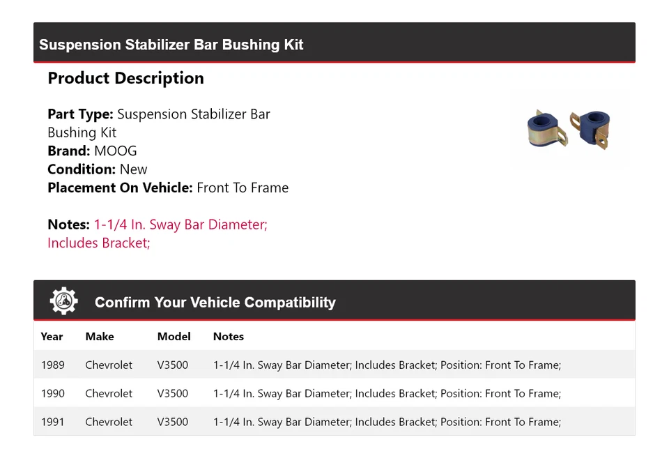 Kit de buje de barra estabilizadora de suspensión para Chevrolet V3500 1989-1991 MOOG 1989 Foto 2 de 4