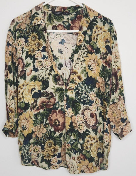 ZARA WOMAN Pretty floral 3/4 sleeve collared blouse Sz M Women's