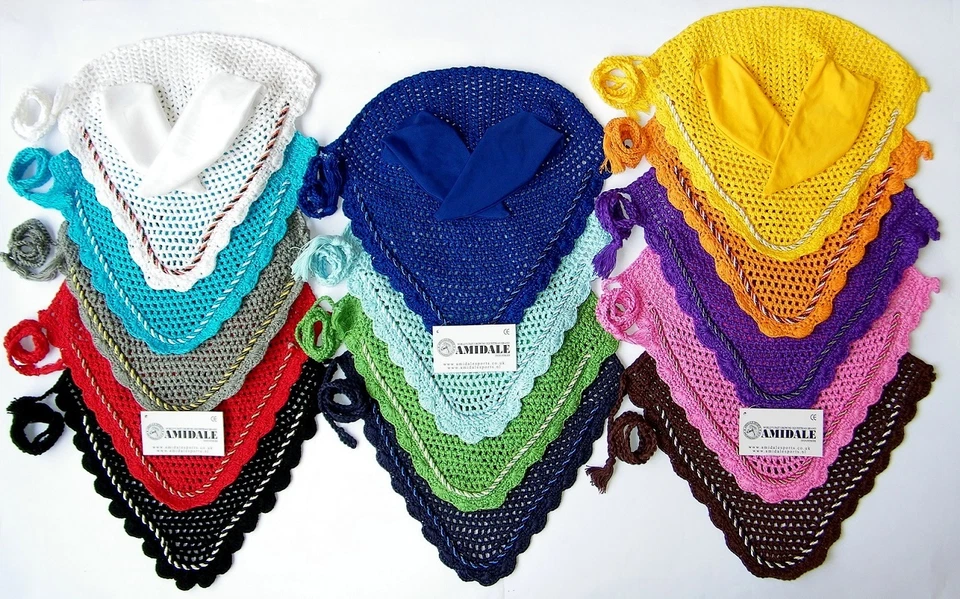 AMIDALE OHRNETZ PFERD FLIEGENSCHLEIER GEHÄKELT RITTER MIT ROHREN 14 FARBEN VOLL/COB/ &PONY