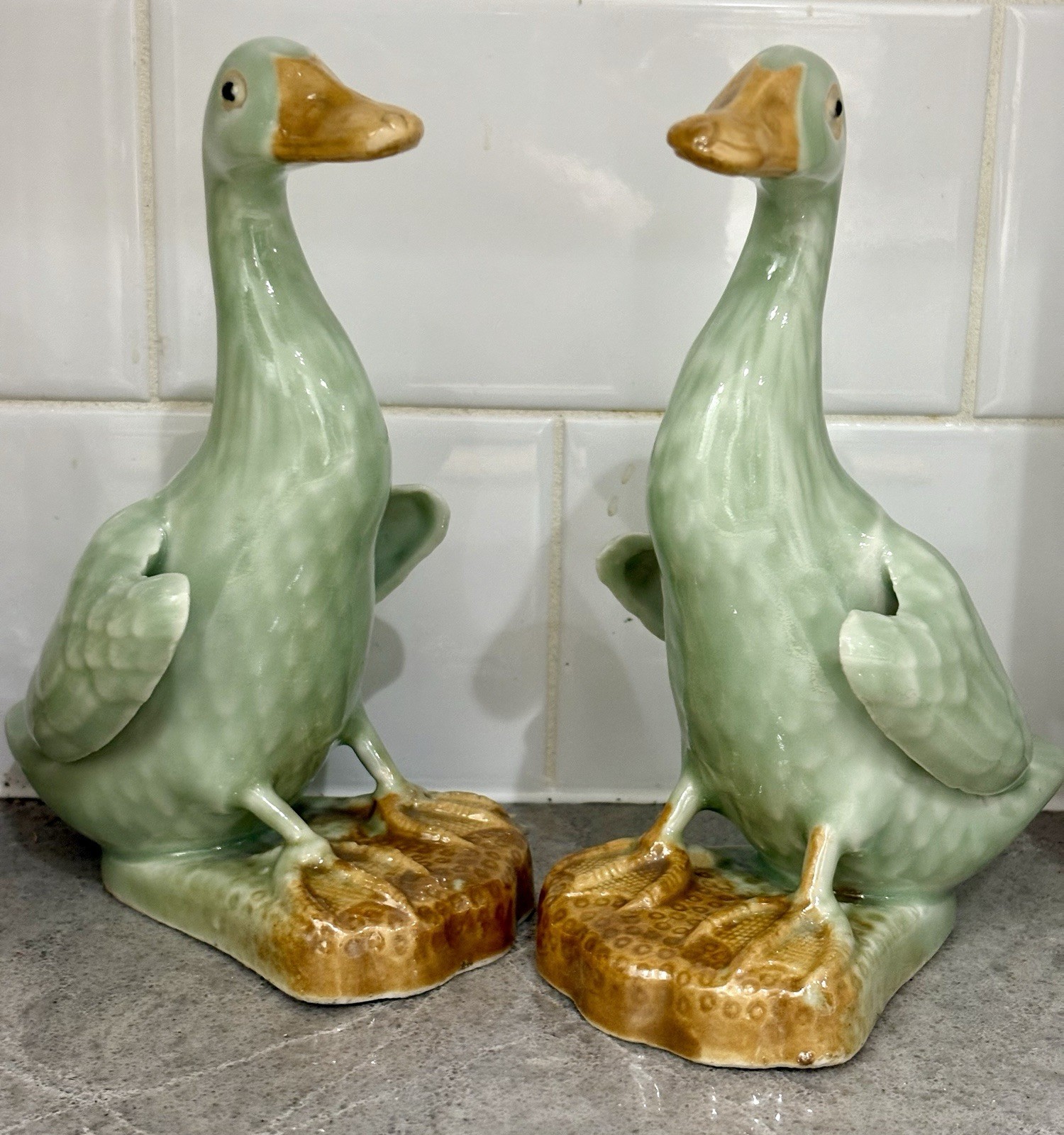 Vintage Mid-Century Ceramic Ducks Figurines Pair Asian Export Farmhouse Decor