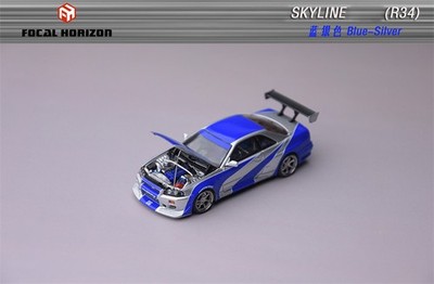 Focal Horizon FH 1:64 Skyline R34 C-West NFS Silver Blue Diecast Model Car