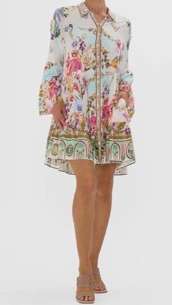 Camilla X Wicked Munchkinland Tiered Silk Shirt Dress Size M AU12 Floral Crystal