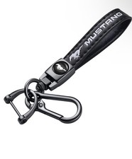 Mustang Genuine Leather Black Chrome Car Keychain Lanyard Ring Fast Shipping 