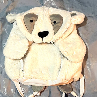 Lands' End Kids Bear Faux Fur Backpack White/Gray Drawstring, Adjustable Straps