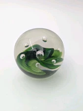 Vtg Blown Art Glass Paperweight Glass Ball Fish Aquarium Ocean Green Bubbles