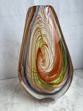 Crate & Barrel Murano Style Multicolor Rainbow Swirl Teardrop Glass 12” Vase
