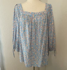 LC Lauren Conrad Womens Blouse XL Blue Floral Print Long Sleeve Square Neck Boho