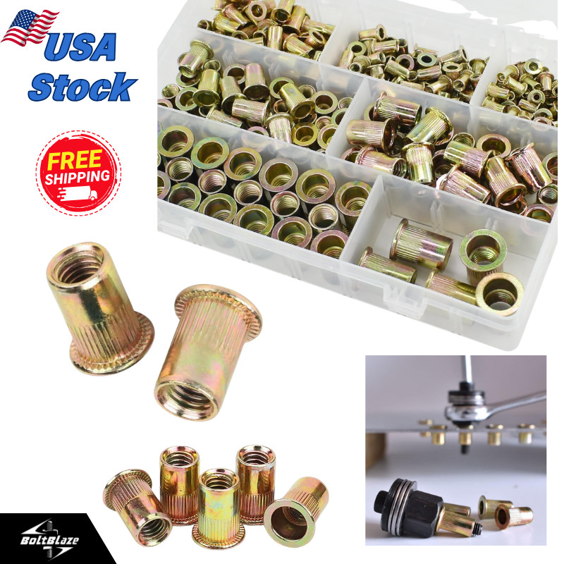 175PCS Metric Rivet Nut Kit – M3-M10 Flat Head, Zinc-Plated Carbon Steel Inserts