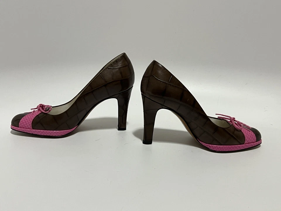 Vtg Christian Dior by John Galliano 2001 Brown Croc Embossed Number Heels 35 - Image 4 of 4