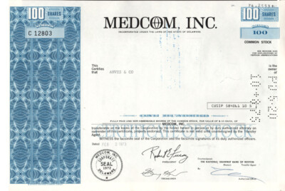 Medcom, Inc. - Original Stoc Certificate - 1973 - C12803