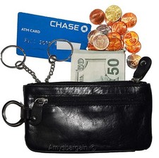 Black Leather change purse, Zip coin wallet, 2 pocket coin case w/key ring BNWT