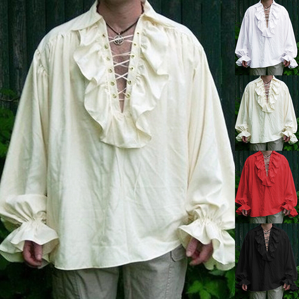 Retro Men Gothic Shirt Top Victorian Medieval Ruffle Pirate Puff Sleeve