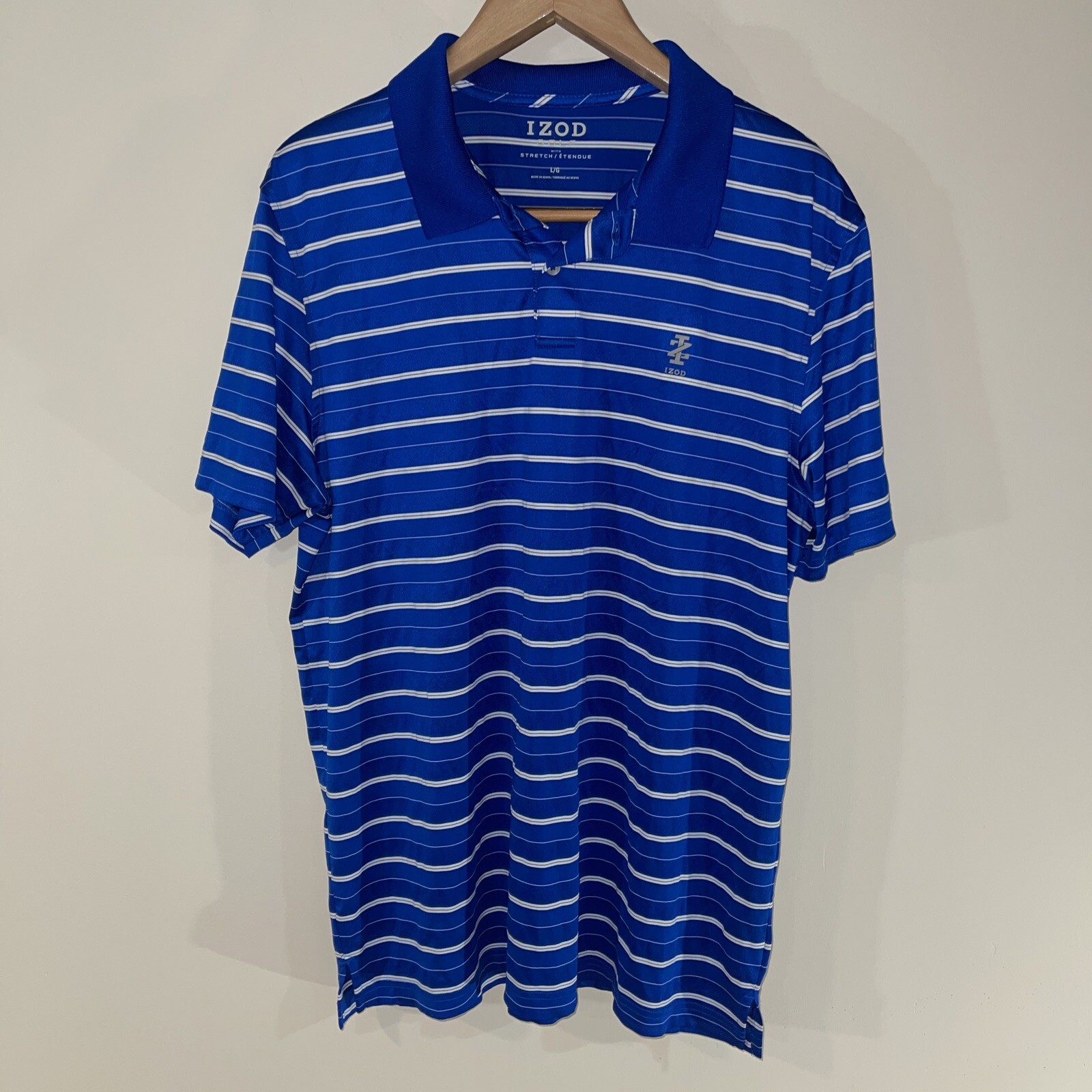 Izod MENS BLUE WHITE STRIPED POLO SHIRT SIZE Large Sh… Gem