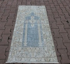 Anatolian Blue Prayer Rug Turkish Handmade Oriental Ethnic Vintage Carpet 3x4 ft