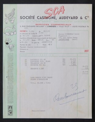 Billhead Rechnung LIMOGES 1957 Kastanie Audevard Huhn Hase Hund illustriert 119