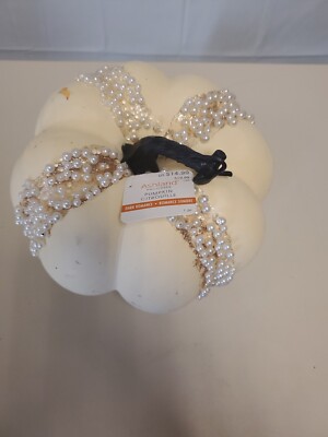 Ashland Halloween Table Top Decor  White Beaded Pumpkin w/Stem 8'' x 5''