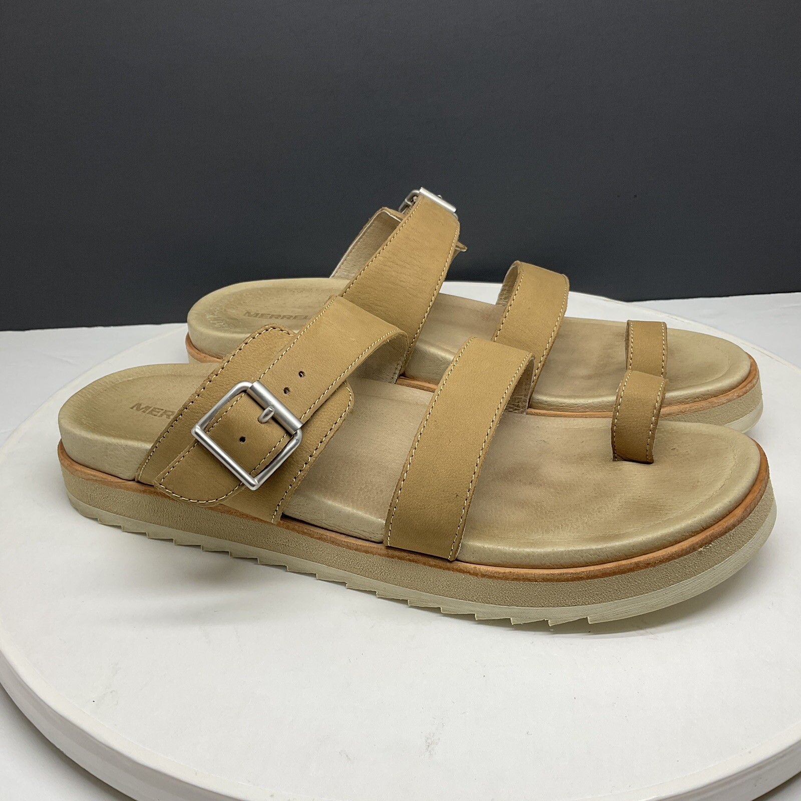 Sandali Merrell Juno fibbia slide donna taglia 10 punta cammello cinturino pelle