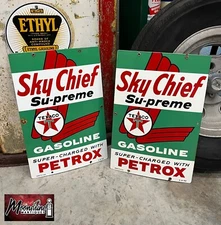 MATCHING PAIR of 1950's TEXACO Sky Chief Porcelain Gas Pump Plate Signs