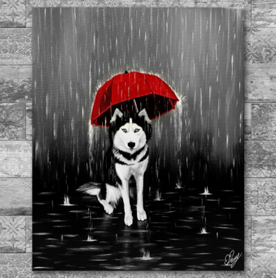 Siberian Husky Hund im Regen Original Acrylbild auf Leinwand
