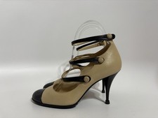 Vtg Chanel Beige 3 Strap Logo Button Heels 36