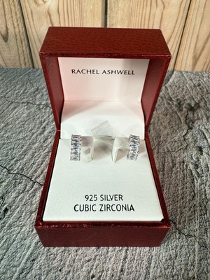 NIB Rachel Ashwell 925 Silver Cubic Zirconia Hoop Half Huggie Earrings 