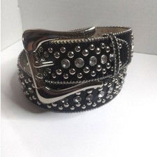 Guess Black Croc Embossed Studded Rhinestone Belt Silver Buckle Y2K Western 36in