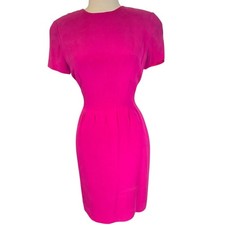 Vintage Pape'll Too 100% Silk Pink Magenta Knee Length Short Sleeve Dress Size 6