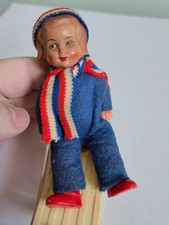 Vintage Celluloid Doll Girl on a Sled, Patriotic Colors Toy, Christmas Deor