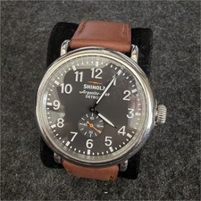Shinola Aragonite Quartz Watch Black Dial Brown Leather Strap Steel 47mm