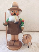 Figurine vintage Erzgebirge berger en bois avec mouton fumeur allemand 8" encens