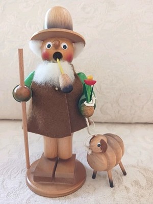 Vintage Erzgebirge Wood Shepherd With Sheep German Smoker Figure 8'' Incense