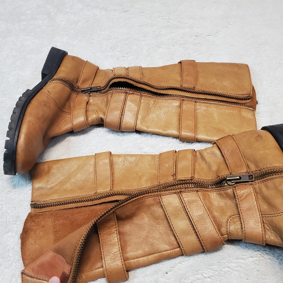 Shellys London Tan Leather Buckle Bohemian Boho Moto Biker Classic Tall Boots 8 - Image 3 of 4